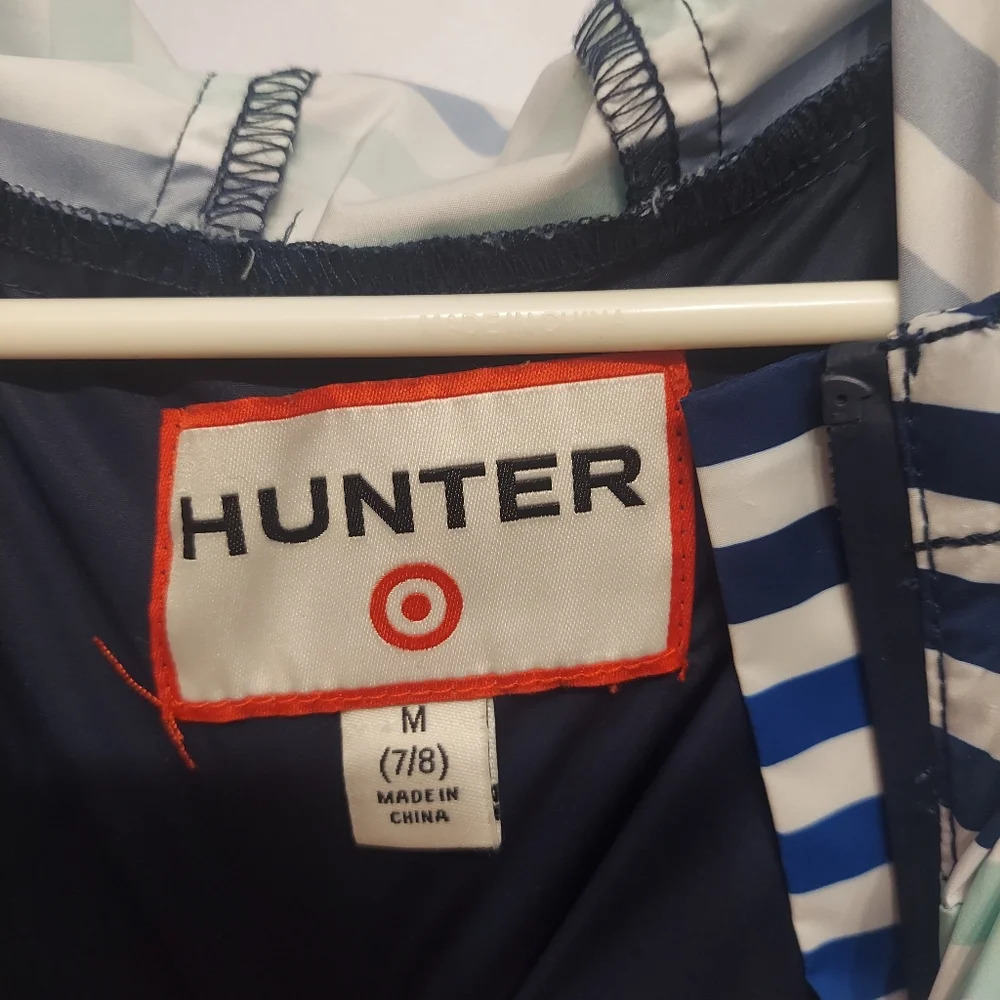 Hunter for Target-Hooded Half Zip Rain Jacket-Sz M kids Blue Teal striped Pull - Picture 5 of 11